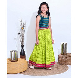 Pine Kids Sleeveless Choli And Printed Lehenga Set With Lace Detailing at Hem - Blue Green