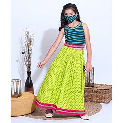 Pine Kids Sleeveless Choli And Printed Lehenga Set With Lace Detailing at Hem - Blue Green