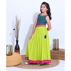Pine Kids Sleeveless Choli And Printed Lehenga Set With Lace Detailing at Hem - Blue Green