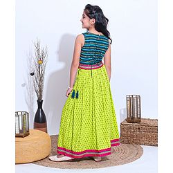 Pine Kids Sleeveless Choli And Printed Lehenga Set With Lace Detailing at Hem - Blue Green