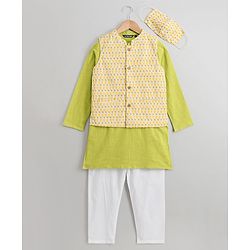 Pine Kids Full Sleeves Printed Kurta Nehru Jacket & Pyjama with Mask - Green