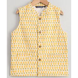 Pine Kids Full Sleeves Printed Kurta Nehru Jacket & Pyjama with Mask - Green