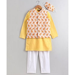 Pine Kids Full Sleeves Printed Kurta Nehru Jacket & Pyjama with Mask - Yellow