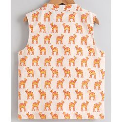 Pine Kids Full Sleeves Printed Kurta Nehru Jacket & Pyjama with Mask - Yellow