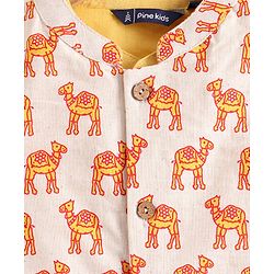 Pine Kids Full Sleeves Printed Kurta Nehru Jacket & Pyjama with Mask - Yellow