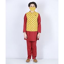 Pine Kids Full Sleeves Printed Kurta Nehru Jacket & Pyjama with Mask - Yellow Maroon