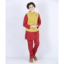 Pine Kids Full Sleeves Printed Kurta Nehru Jacket & Pyjama with Mask - Yellow Maroon