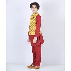 Pine Kids Full Sleeves Printed Kurta Nehru Jacket & Pyjama with Mask - Yellow Maroon