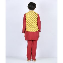 Pine Kids Full Sleeves Printed Kurta Nehru Jacket & Pyjama with Mask - Yellow Maroon