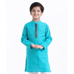 Pine Kids Full Sleeves Kurta With Embroidered Placket - Aqua Blue