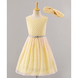 Pine Kids Sleeveless Frock with Nylon Mesh Embroidery All Over - Yellow