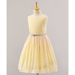 Pine Kids Sleeveless Frock with Nylon Mesh Embroidery All Over - Yellow