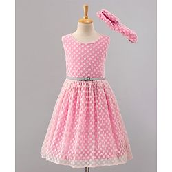 Pine Kids Sleeveless Frock with Nylon Mesh Embroidery All Over - Pink