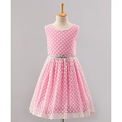 Pine Kids Sleeveless Frock with Nylon Mesh Embroidery All Over - Pink