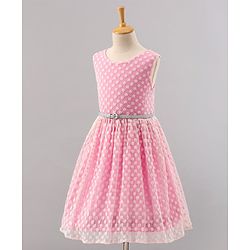 Pine Kids Sleeveless Frock with Nylon Mesh Embroidery All Over - Pink
