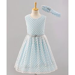 Pine Kids Sleeveless Frock with Nylon Mesh Embroidery All Over - Blue