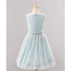 Pine Kids Sleeveless Frock with Nylon Mesh Embroidery All Over - Blue