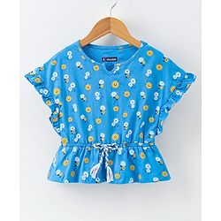 Pine Kids Flutter Sleeves Biowased Knitted Tee Floral Print - Blue