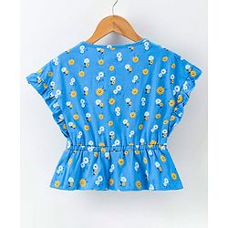 Pine Kids Flutter Sleeves Biowased Knitted Tee Floral Print - Blue