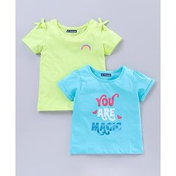 Pine Kids Half Sleeves Biowash Tees Text Print Pack of 2 - Green Blue