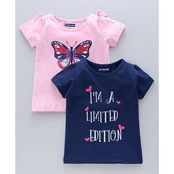 Pine Kids Half Sleeves Knitted Bio Wash Top Butterfly Print Pack of 2 - Blue Pink