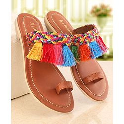 Pine Kids Ethnic Wear Chappal Fringe Detailing  - Brown