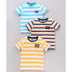 Pine Kids Half Sleeves 100% Cotton Biowashed Tee Pack of 3 - Blue Yellow
