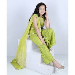 Pine Kids Sleeveless Embroidered Choli & Sharara with Dupatta - Green