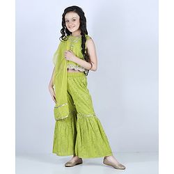 Pine Kids Sleeveless Embroidered Choli & Sharara with Dupatta - Green
