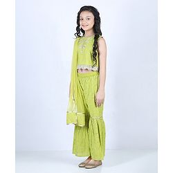 Pine Kids Sleeveless Embroidered Choli & Sharara with Dupatta - Green