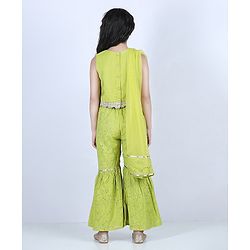 Pine Kids Sleeveless Embroidered Choli & Sharara with Dupatta - Green