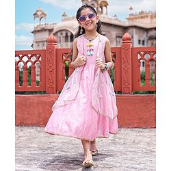 Pine Kids Sleeves Ethnic Dress with Embroidered Shrug - Pink