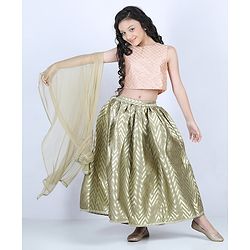 Pine Kids Sleeveless Choli & Lehenga With Dupatta Set Embroidered - Peach & Golden