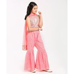 Pine Kids Sleeveless Sequence Work at Choli & Embroidered Sharara with Dupatta - Pink