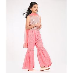 Pine Kids Sleeveless Sequence Work at Choli & Embroidered Sharara with Dupatta - Pink