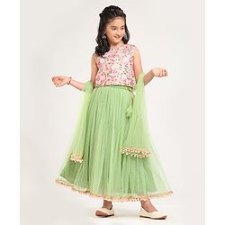 Pine Kids Sleeveless Lehenga Choli with All over Embroidery - Green