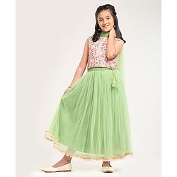 Pine Kids Sleeveless Lehenga Choli with All over Embroidery - Green