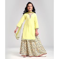 Pine Kids Full Sleeve Solid Kurta with Printed Ghagra Dupatta And Mask - Yellow