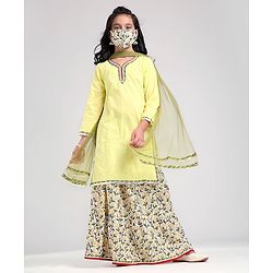 Pine Kids Full Sleeve Solid Kurta with Printed Ghagra Dupatta And Mask - Yellow