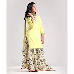 Pine Kids Full Sleeve Solid Kurta with Printed Ghagra Dupatta And Mask - Yellow