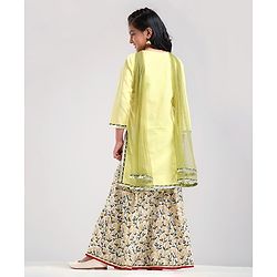 Pine Kids Full Sleeve Solid Kurta with Printed Ghagra Dupatta And Mask - Yellow