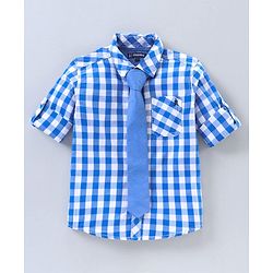 Pine Kids Party Wear Softner Wash Full Sleeves Checks Shirt With Tie - Blue White