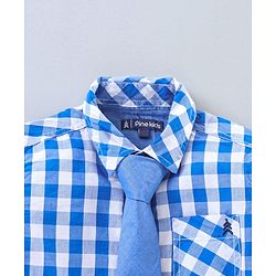 Pine Kids Party Wear Softner Wash Full Sleeves Checks Shirt With Tie - Blue White