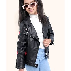 Pine Kids Medium Winter Full Sleeves PU Leather Jacket Star Embroidery - Black