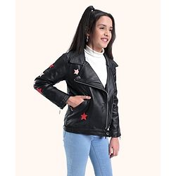 Pine Kids Medium Winter Full Sleeves PU Leather Jacket Star Embroidery - Black