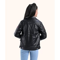 Pine Kids Medium Winter Full Sleeves PU Leather Jacket Star Embroidery - Black