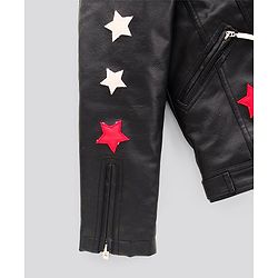 Pine Kids Medium Winter Full Sleeves PU Leather Jacket Star Embroidery - Black