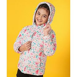 Pine Kids Medium Winter Full Sleeves Printed Hooded Jacket With Sherpa Lining Floral Print - White