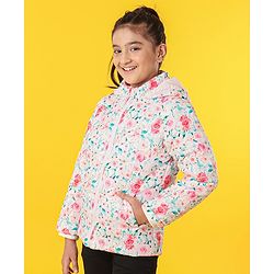 Pine Kids Medium Winter Full Sleeves Printed Hooded Jacket With Sherpa Lining Floral Print - White