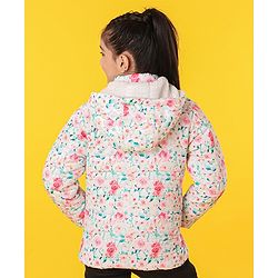 Pine Kids Medium Winter Full Sleeves Printed Hooded Jacket With Sherpa Lining Floral Print - White